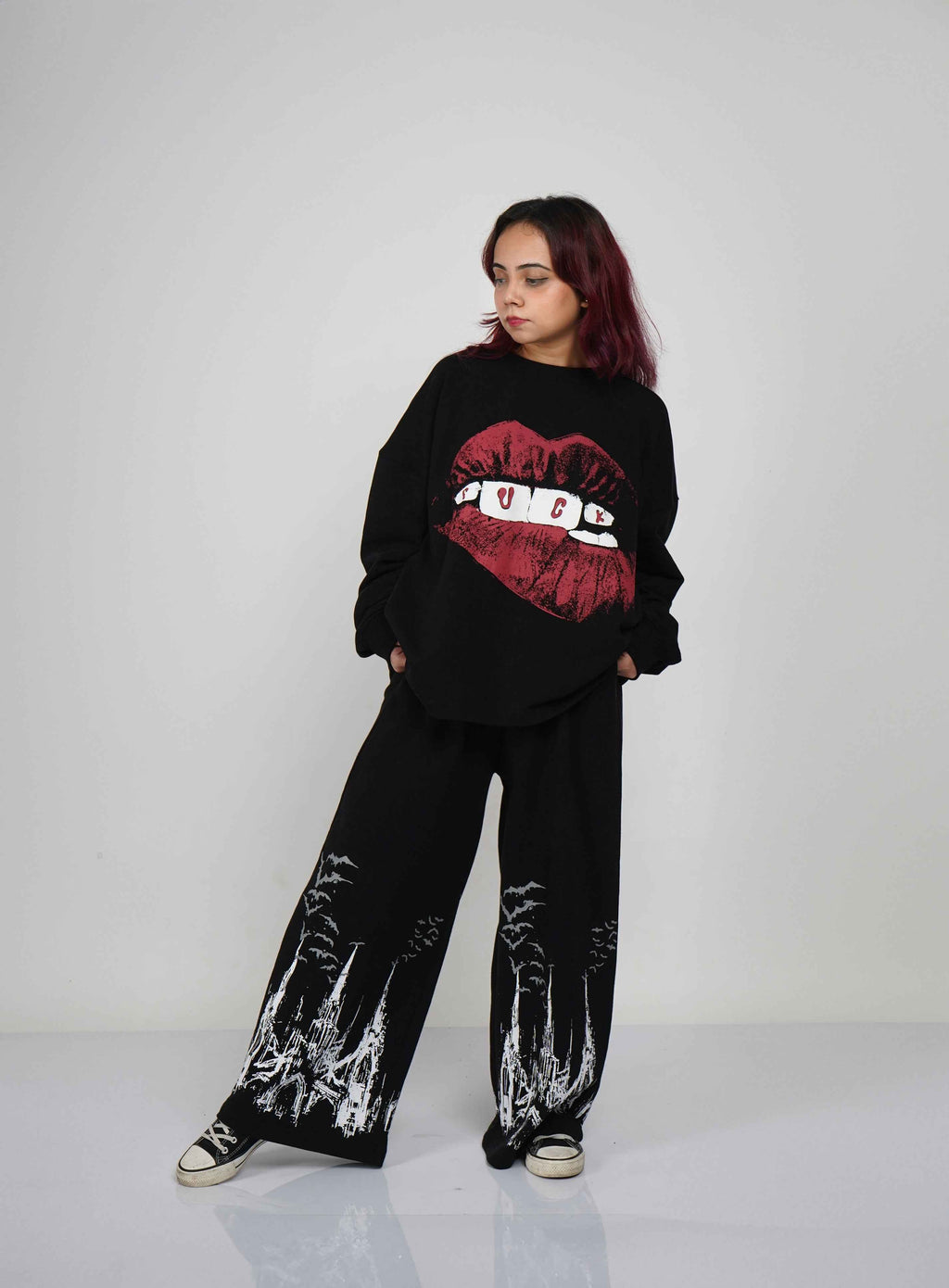 Lips Don't Lie Edition close-up detail – Hymns Wear graphic piece, XS–XL
